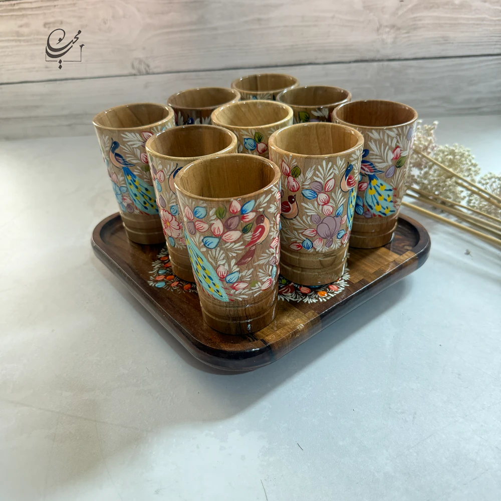 ست سینی و لیوان چوبی نقاشی‌ دست طرح گل و مرغ