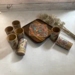 ست سینی و لیوان چوبی نقاشی‌ دست طرح گل