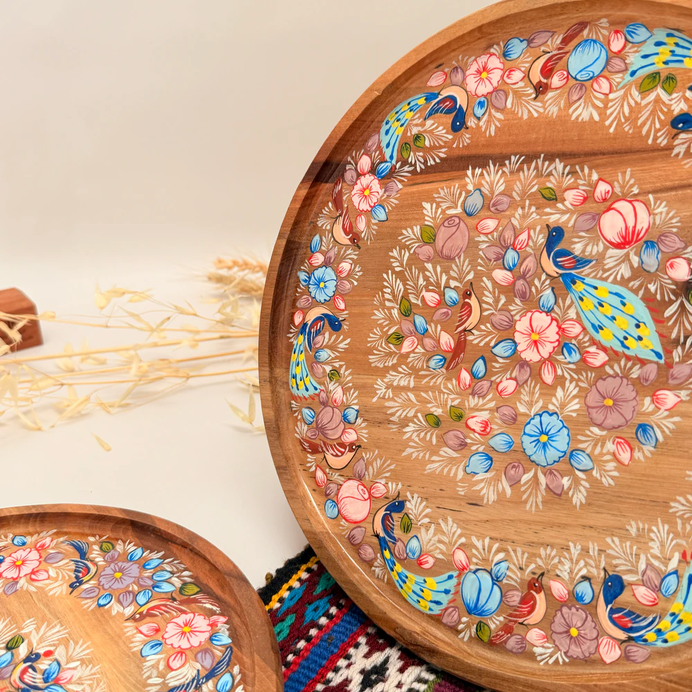 Hand-painted wooden tray_25 سینی چوبی با نقاشی گل و مرغ