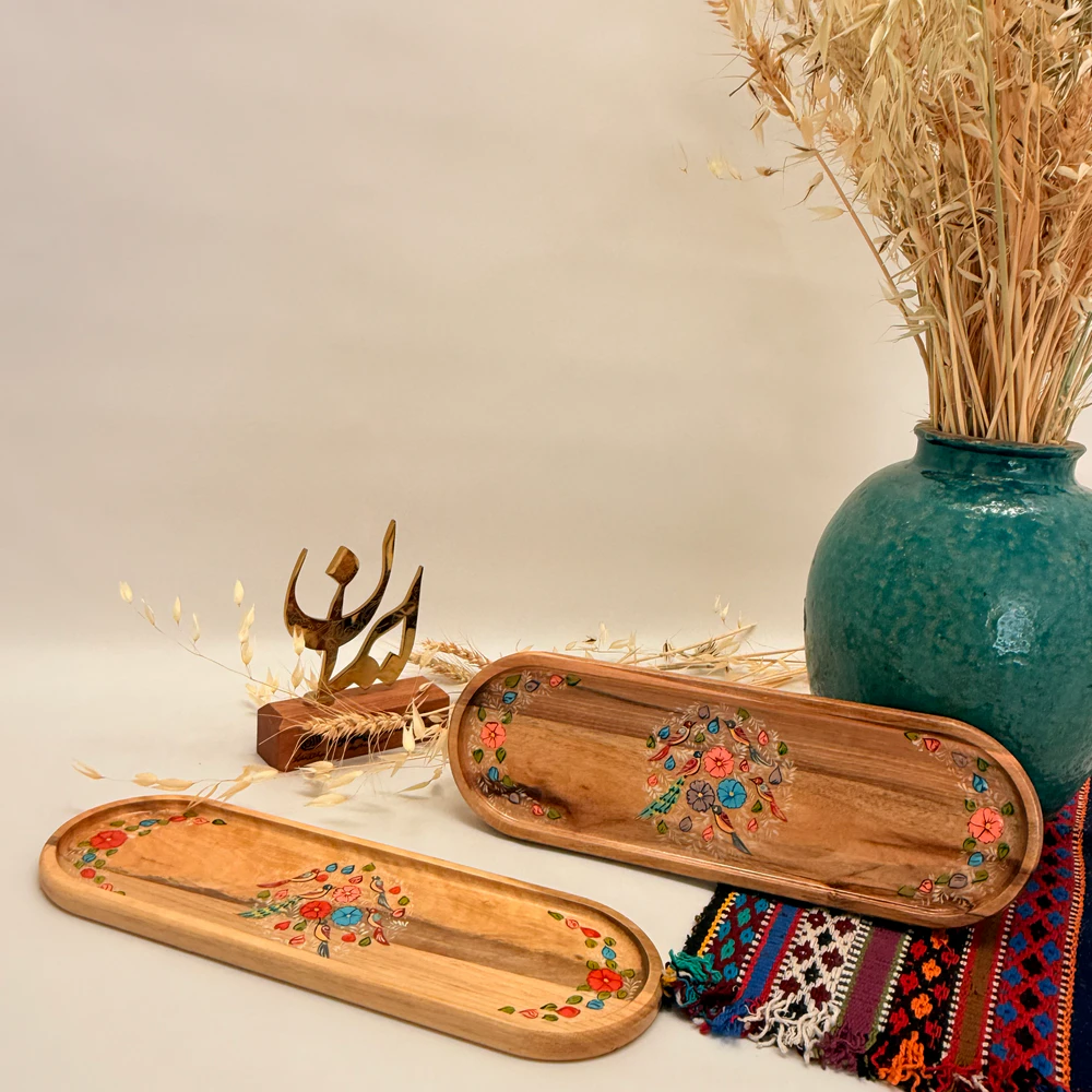 Wooden tray bird painting_18 سینی چوبی نقاشی گل و پرنده دست ساز