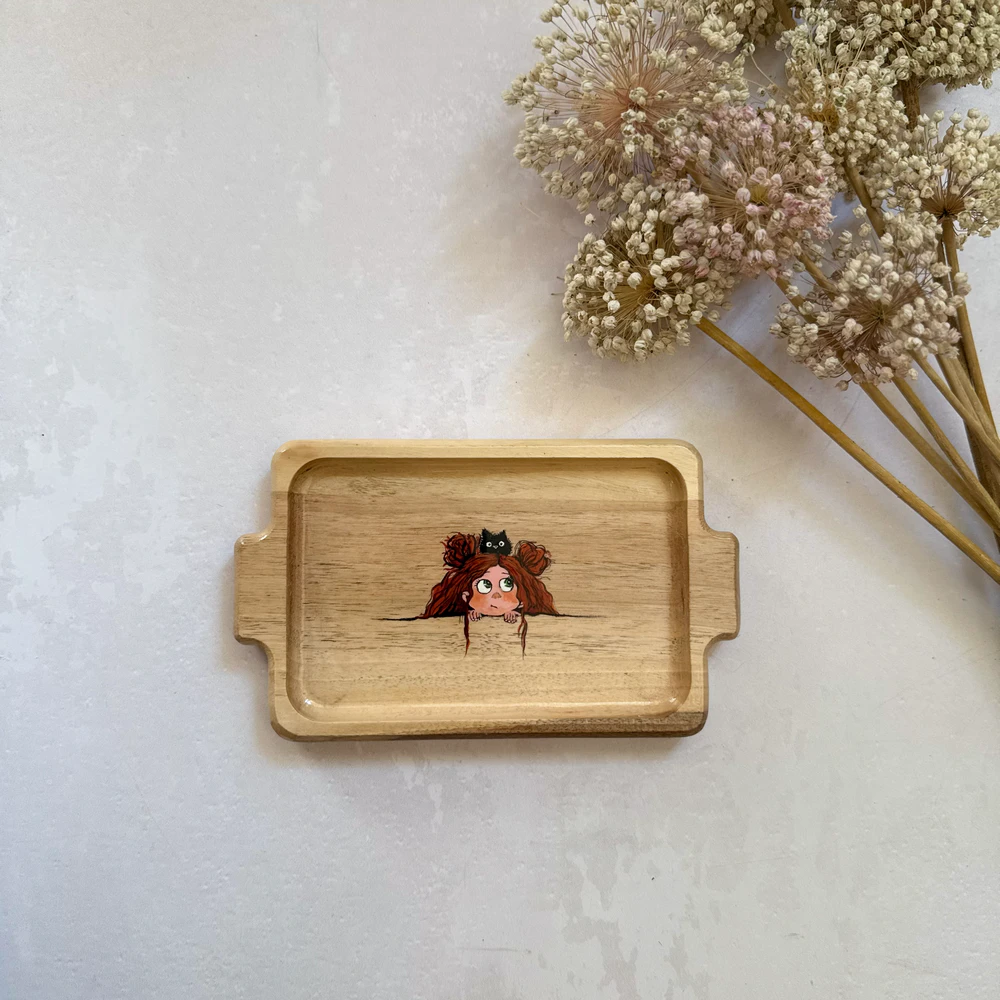 wooden dirl cat paint سینی سرو چوبی نقاشی دست نقش دختر و گربه